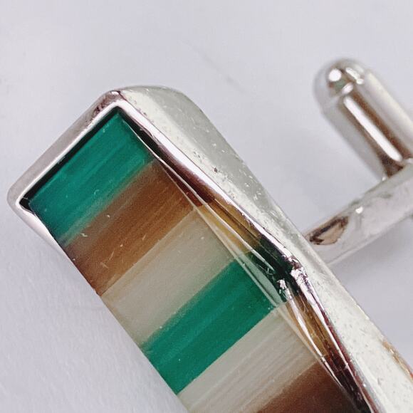 Vintage 1970s Striped Glass Inlay Modernist Geometric Cufflinks Mens Mod Jewelry - Picture 8 of 12